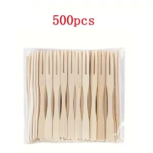 500pcs Bamboo Forks 8.5cm/3.4Inches, Disposable Mini Food Picks, Double Prong Fruit Cocktail Forks Blunt-end Forks, Disposable Tableware