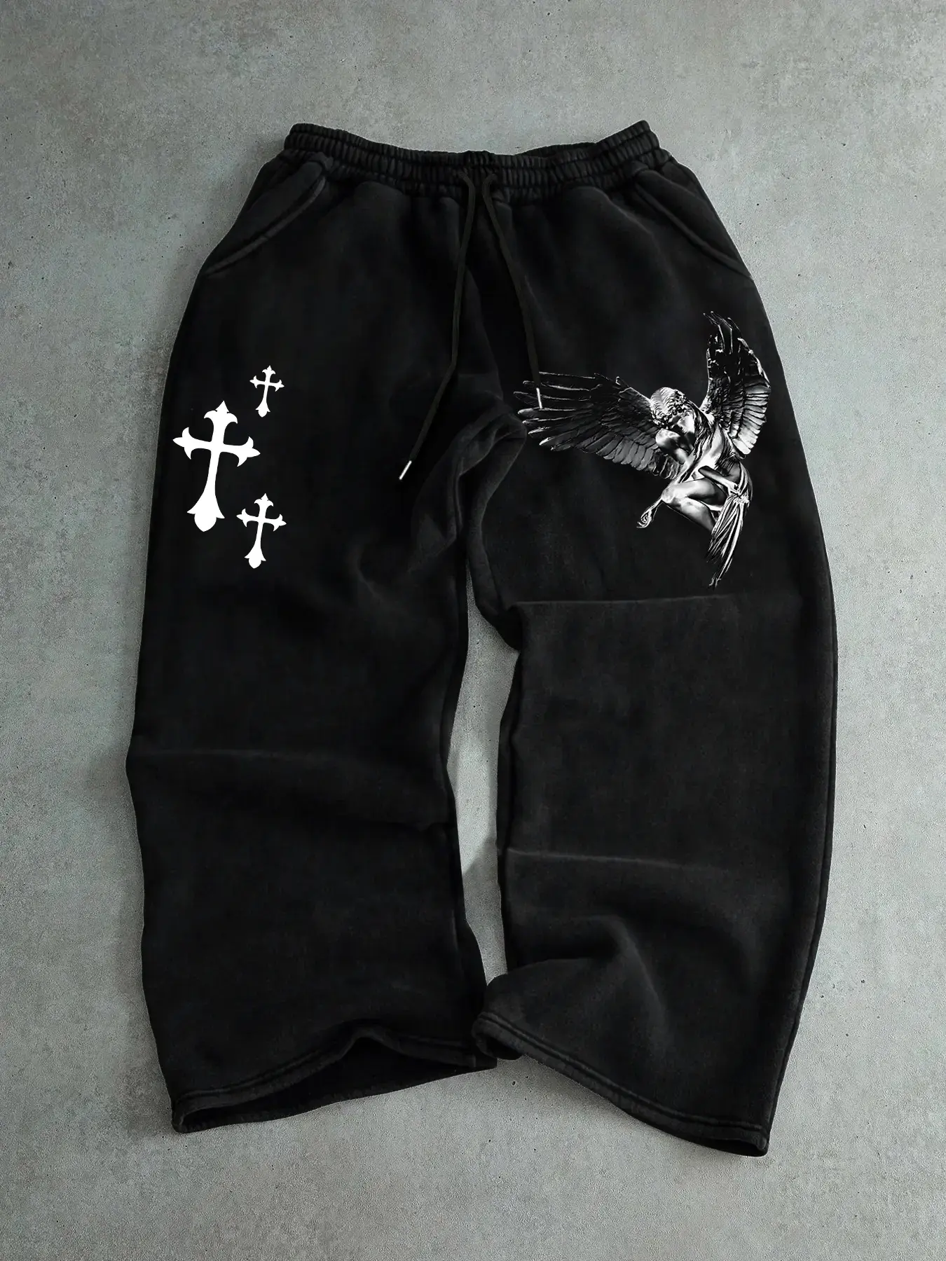 Men's Casual Sporty Long Pants, Angel & Cross Pattern Print, Drawstring Wide Leg, All Season Loose Fit, Men's Fashion Joggers, Graphic Print Sweatpants, Relaxed Fit Sweatpants