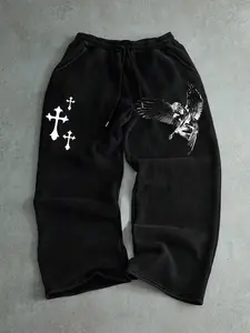 Men's Casual Sporty Long Pants, Angel & Cross Pattern Print, Drawstring Wide Leg, All Season Loose Fit, Men's Fashion Joggers, Printed Sweatpants