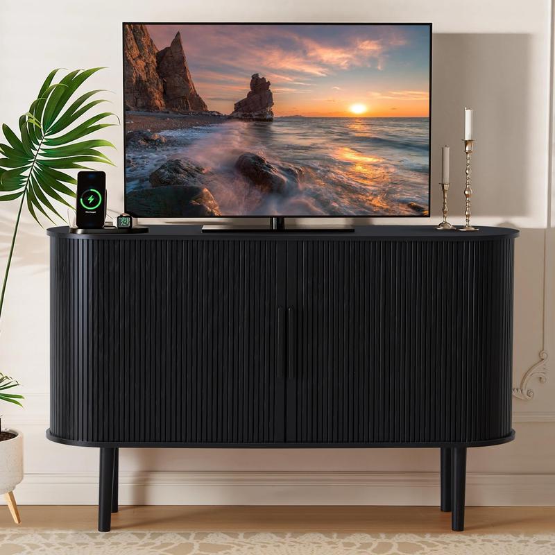 Giratree Furniture 53-Inch Fluted Slide Door Sideboard Cabinet, Modern Oval Tambour Buffet Credenza with Adjustable Shelves, Wooden Storage Console for Living Room, Dining Room, Kitchen, or Entryway