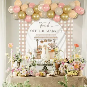 LaVenty Fresh off The Market Bridal Shower Decorations Beige Gingham Wildflower Backdrop Banner with 5 Apricot 5 Cream 5 Pink 5 Gold Balloons for Farmers Market Bachelorette Party