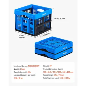 VEVOR Plastic Collapsible Storage Bins, 25L 3 Packs, Stackable Folding Storage Crates with Handles, Holds 22 lbs Per Bin, Foldable Heavy Duty Containers, Space-Saving Baskets, for Home Organizing