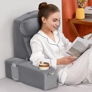 Reading Pillow for Adults, Memory  Backrest with Detachable Arms - Bed Pillow for Sitting Up, Built-in Cup Holder & Phone Pocket (Gray, 21 inch)