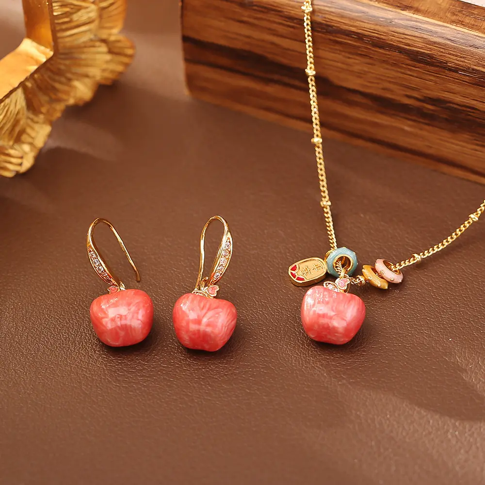 Cute Apple Pendant Jewelry Set, Trending Sweet Dainty Necklace & Drop Earring Pack, Color Changing Thermal Sensitive Fruit Charm, Gold Plated Adjustable Chain, Preppy Aesthetic Women Accessory For Daily & Holiday Gift