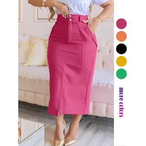 Women's Plain Pocket Split Thigh Fitted Pencil Skirt, Elegant High Waist Long Skirt for Work Office Business, Ladies's Clothes for All Seasons