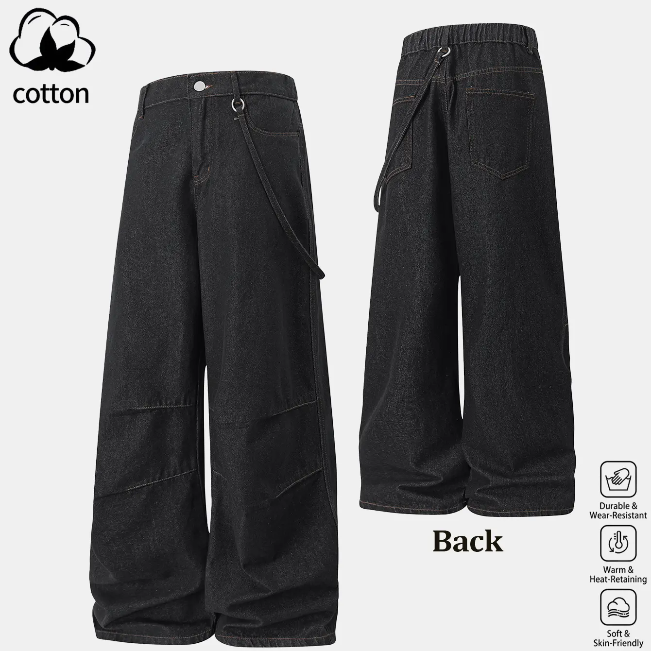 Stylish Men's Raw Black Baggy Jeans - 70.6% Cotton High-Density Denim, Detachable Decor Waist Strap, Structural Vertical Pleated Seams, Elastic Back Waist, Full-Length Loose-Fit Streetwear Trousers, Multi-Size for Daily Year-Round Outfits