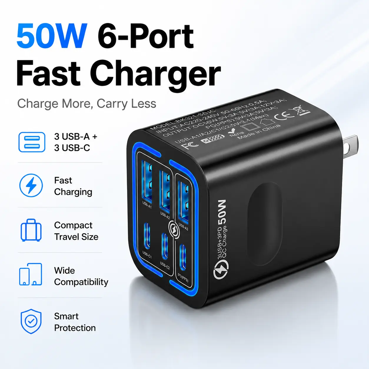 Compact Multi-Device Charger Cube, 50W 6-Port USB-C & USB-A Charging Station for iPhone, iPad, Samsung, Tablets, Home Office & Travel