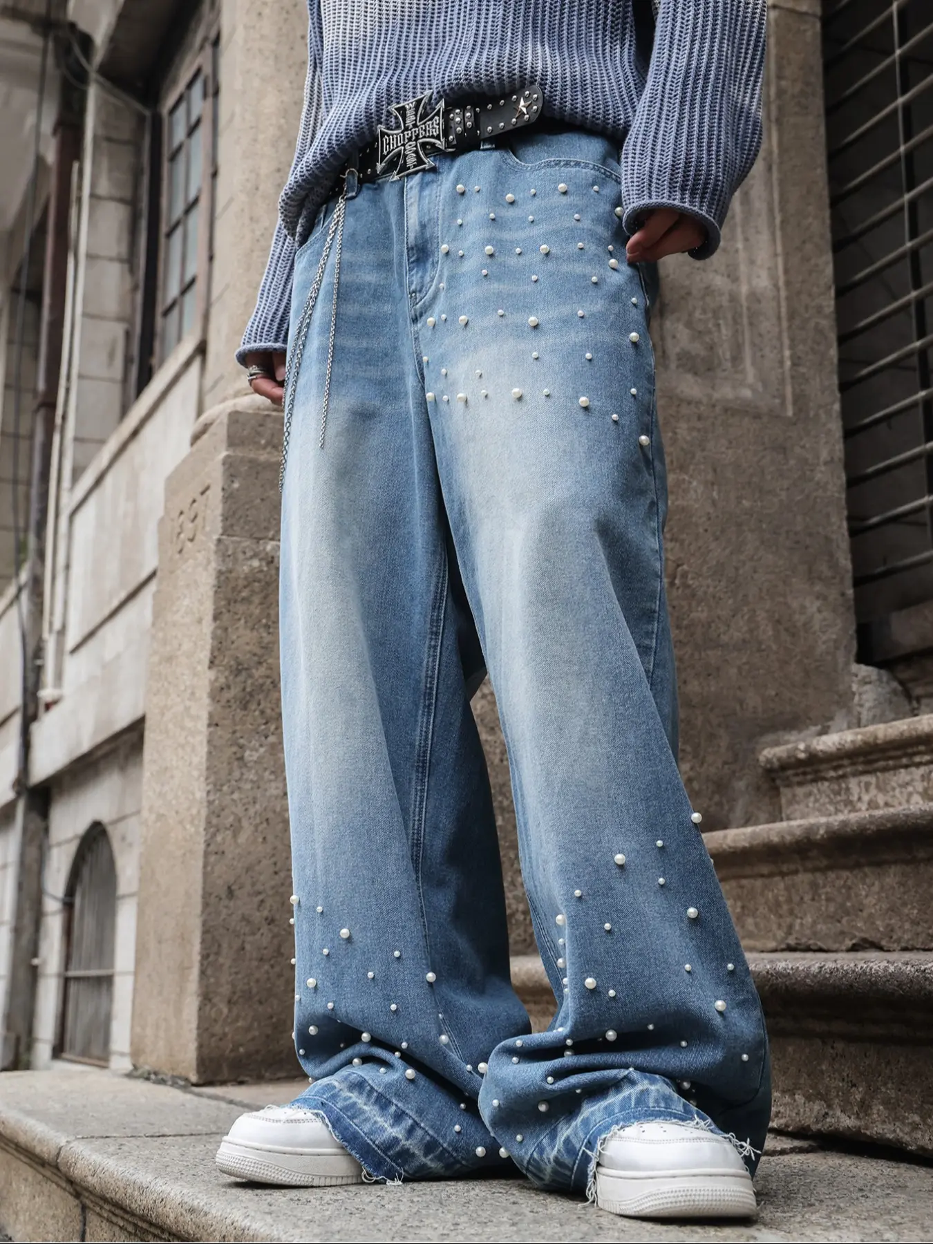 Four-Season Washed Light Blue Handmade Beaded Loose Straight Leg Jeans, Y2K Streetwear Style Denim Pants Jeans, Perfect Gift for Husband Boyfriend