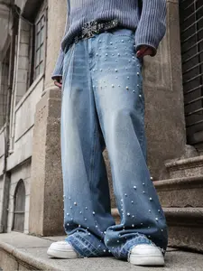 Four-Season Washed Light Blue Handmade Beaded Loose Straight Leg Jeans, Y2K Streetwear Style Denim Jeans, Perfect Gift for Husband Boyfriend