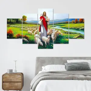 Jesus The Good Shepherd and The Flock Pattern Canvas Unframed Painting, 5 Counts/set Religious Art Poster, Wall Art Decor for Home Living Room Bedroom Office, Ornaments
