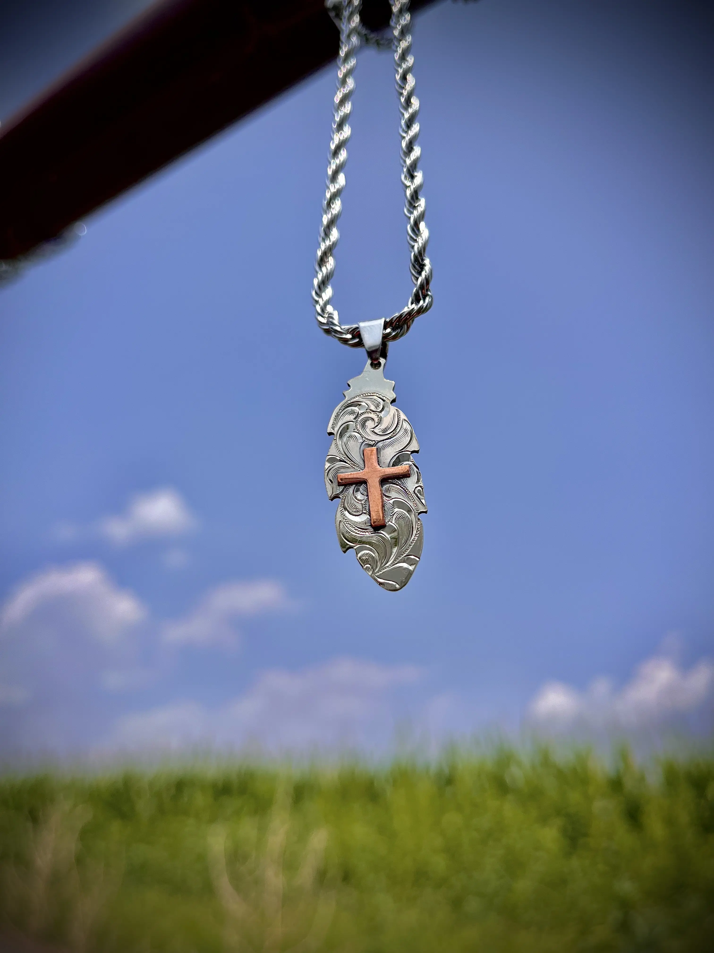 Feather Pendant with Copper Cross and complimentary 24-inch Stainless Steel Chain men’s women jewelry