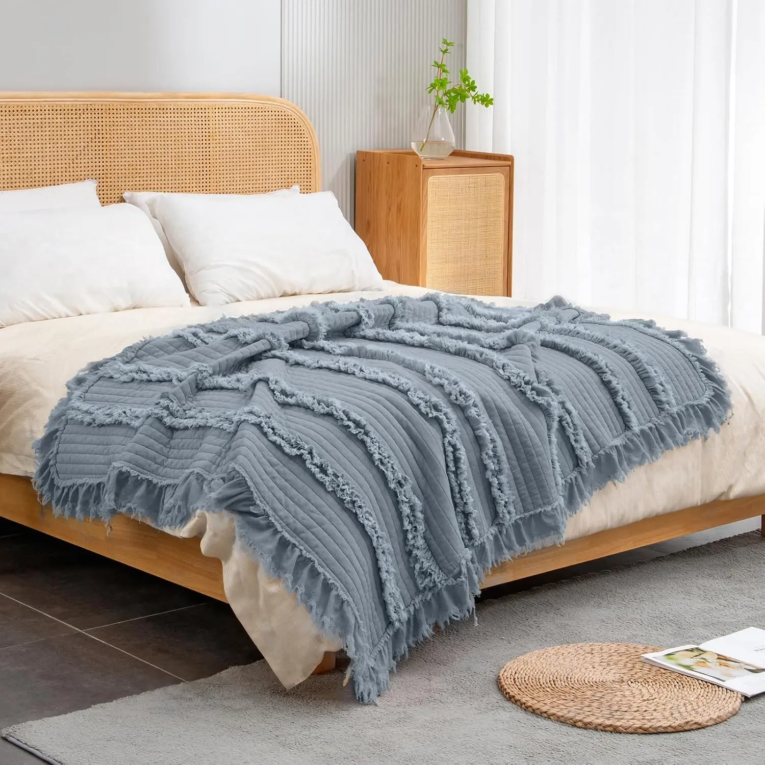 Dark Blue Preshrunk Microfibre Stripes Twin Size Quilted Throw Blanket - Durable, Fluffy Lace Ruffle Fringed, 60"x80", Machine Washable Rustic Decorative for Sofa Couch, Lovable Gift