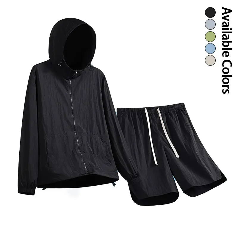 Men's 2 Piece Sets Menswear Sunny Summer Sun Protection Set - Plain Black Casual Hooded Jacket, Elastic Waist Shorts