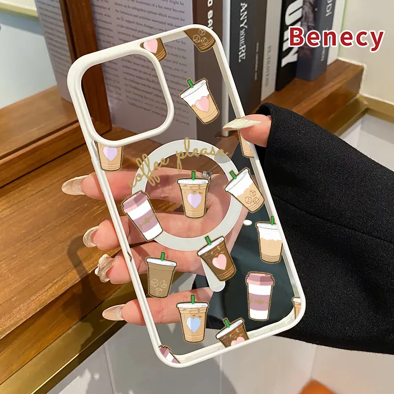 Coffee Delight Pattern Magnetic Smartphone Casing - Shockproof, Non-Slip Silicone & Transparent Acrylic Cover for iPhone 11,12,13,14 Pro Max,15,16,XR,XS Plus - Wireless Charging Support, Handheld Devices Accessories, Durable