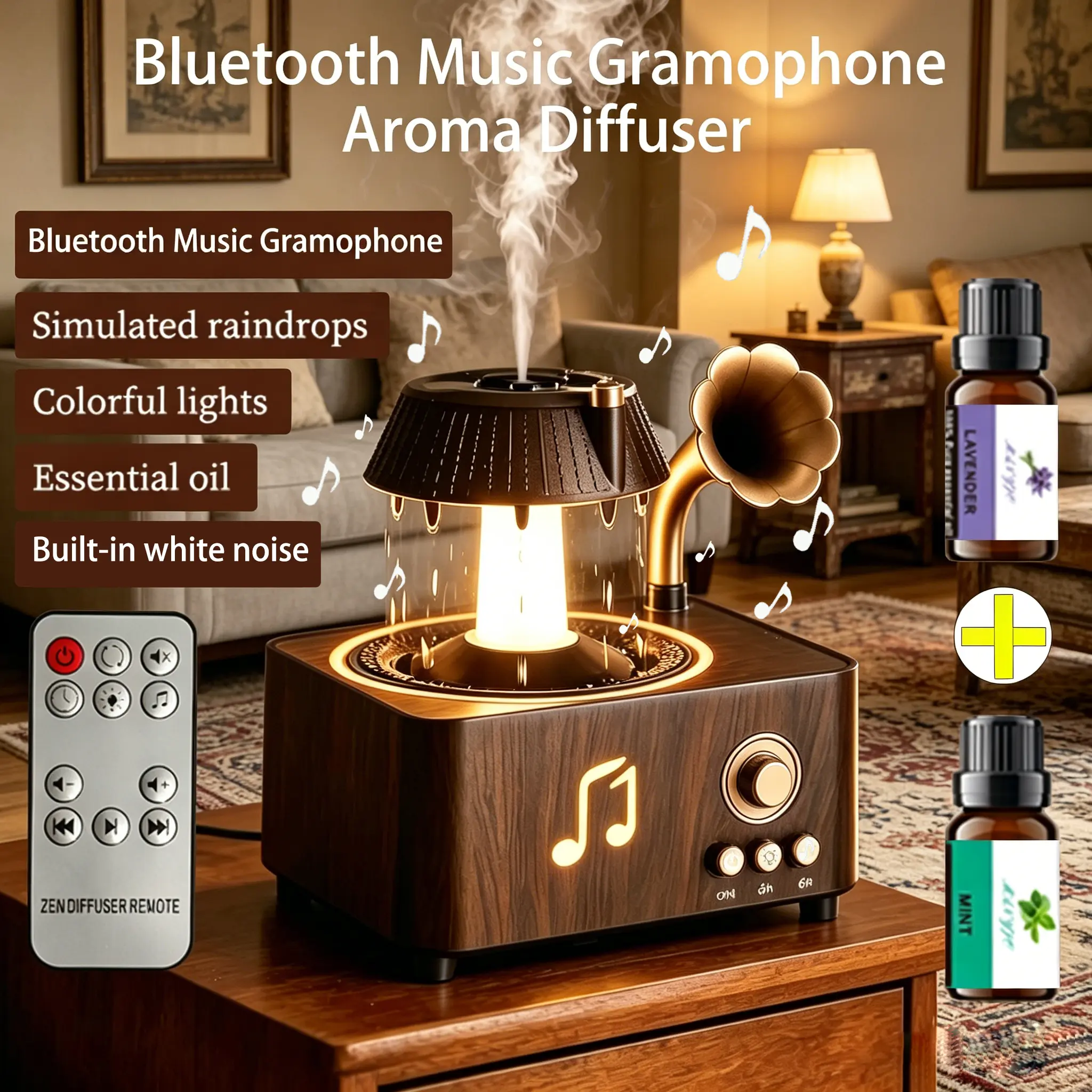 Retro Bluetooth Music Gramophone Aromatherapy Diffuser - 0.25L Compact, Light-Up Essential Oil Compatible Humidifier with Waterless Auto Shut-Off, Remote Controlled, Built-In White Noise, Raindrop Sound, Multi-Color Lights, Rotating Design, Aromatherapy D