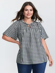 【Summer Turn-Up】BlOOMCHIC Plus Size Checkered Drawstring Neckline Blouse [M-6X] 2026 Summer Pick for Mother's Day