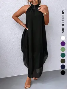 Women's Plus Size Halter Neck Maxi Dress Sleeveless Double Layer Flowy Asymmetrical Hem Casual Summer Wedding Guest Evening Party Trendy，Dress Maxi Women Outfit