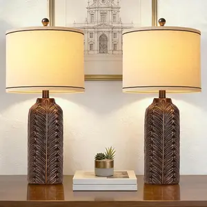 27'' Resin Table Lamp Set of 2, Farmhouse Nightstand Lamps for Living Room, Rustic Carved Bedside Lamp with Linen Lampshade for Bedroom, Hallway, Entryway(2 Bulbs Included)
