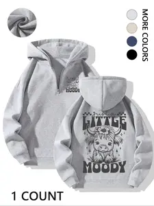 "Just A Little Moody" Highland Cow Graphic Half-Zip Cow Print Hoodie - Animal Lover Casual Cozy Top