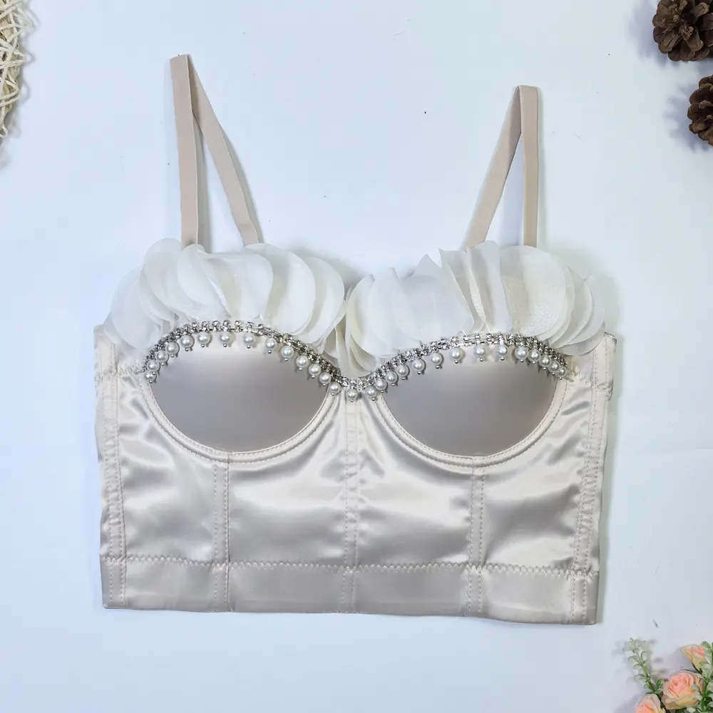 Women's Sleeveless Hand-Stitched Beaded Lace Rhinestone Fishbone Corset Tank Top - Weighted Shaper Blusa for Wedding Party, Blind Date, Lady's Spring Summer Going-Out Events