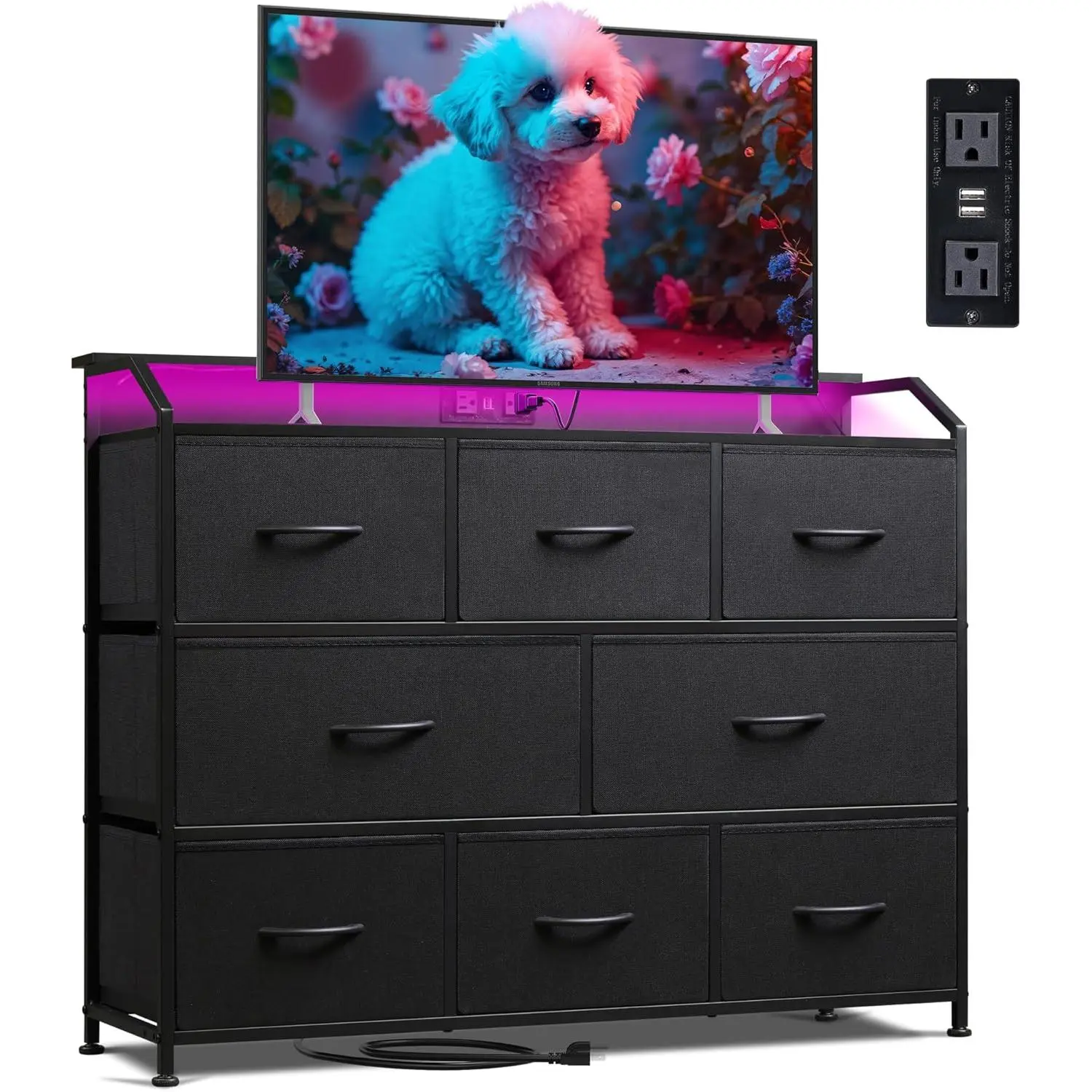 Led Dresser for Bedroom, Black Dresser TV Stand for Bedroom with LED Lights and Power Outlet, Wide Chest of Drawers for Hallway, 8 Fabric Drawers for Living Room and Entryway, Easy to Assemble, Bedroom Decor, Entertainment Center