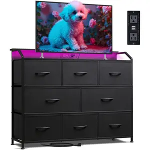 Led Dresser for Bedroom, Black Dresser TV Stand for Bedroom with LED Lights and Power Outlet, Wide Chest of Drawers for Hallway, 8 Fabric Drawers for Living Room and Entryway, Easy to Assemble