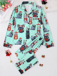 Women's Christmas Pajama Set, Long Sleeve Button Front Top & Elastic Pants, Animal Print, Casual Fitted Sleepwear for All Seasons, Nightwear Lounge Set