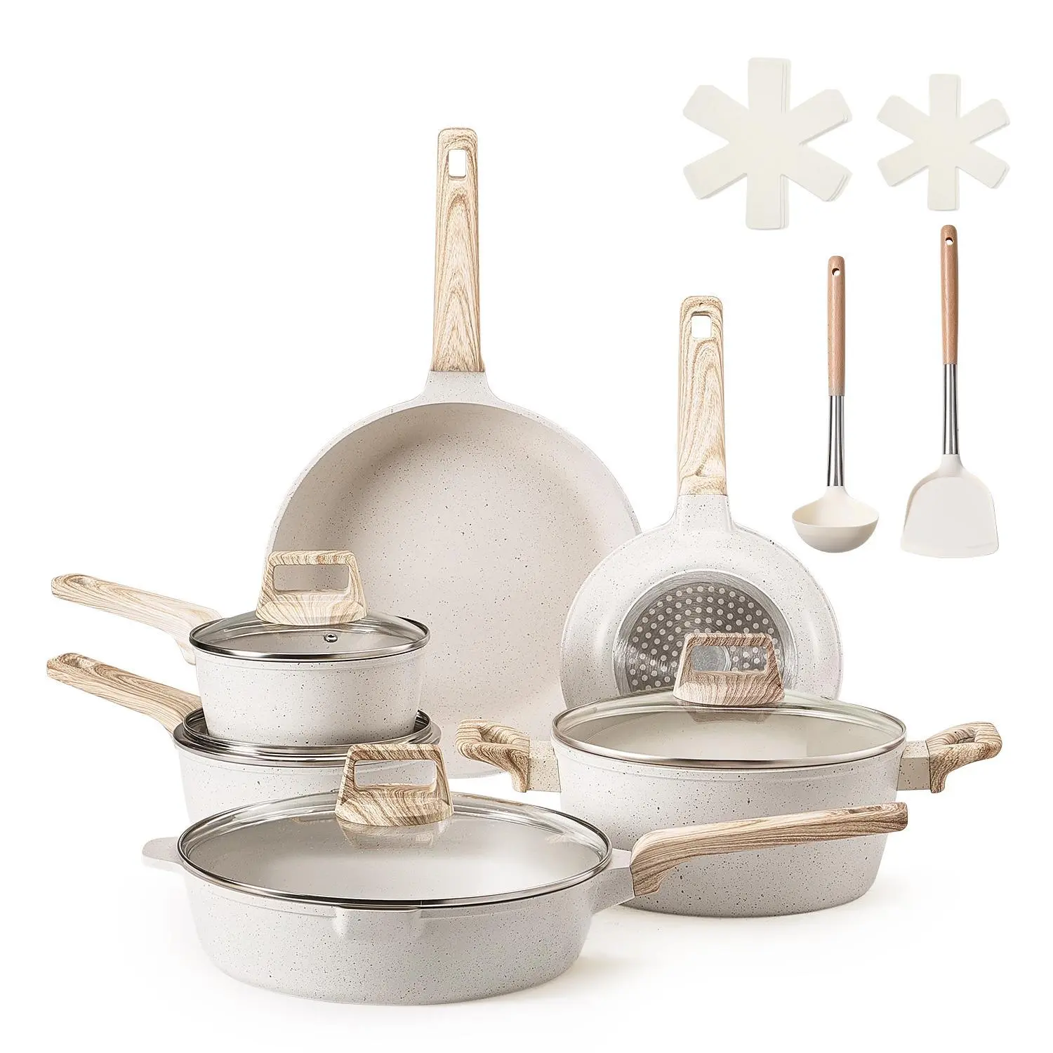 【Backtoschool】VEVOR 17 Piece Pots and Pans Set, Granite Nonstick Cookware Set, Induction Cookwares, Kitchen RV Cooking Sets with Frying, Sauce, Saute, Tempered Glass Lids, and Pan Protectors, White