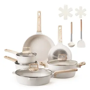 【Summervibes】VEVOR 17 Piece Pots and Pans Set, Granite Nonstick Cookware Set, Induction Cookwares, Kitchen RV Cooking Sets with Frying, Sauce, Saute, Tempered Glass Lids, and Pan Protectors, White