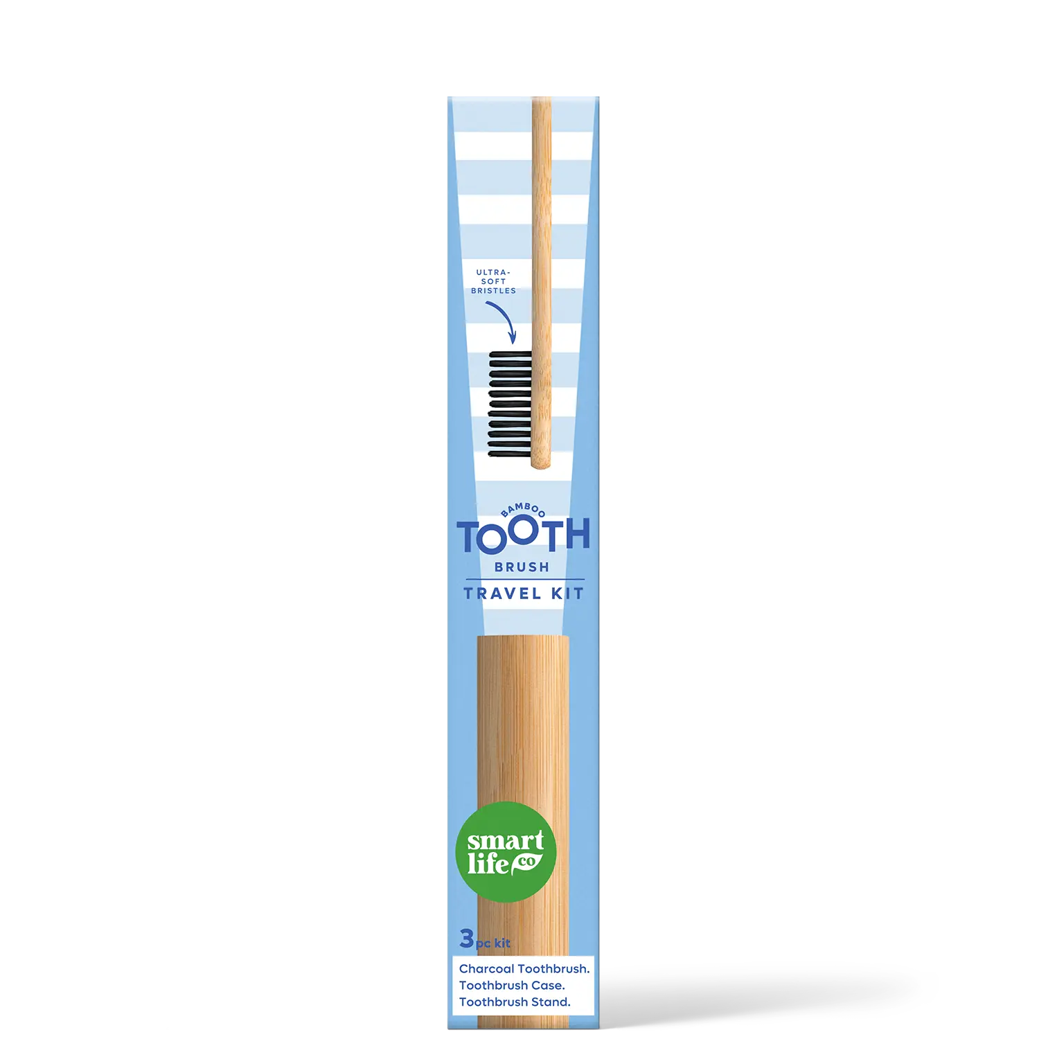 Charcoal-Infused Bamboo Toothbrush Travel Kit – Vegan & Eco-Friendly, Ultra-Soft Bristles, Wooden Travel Case & Stand, Sustainable Oral Care, 3pc