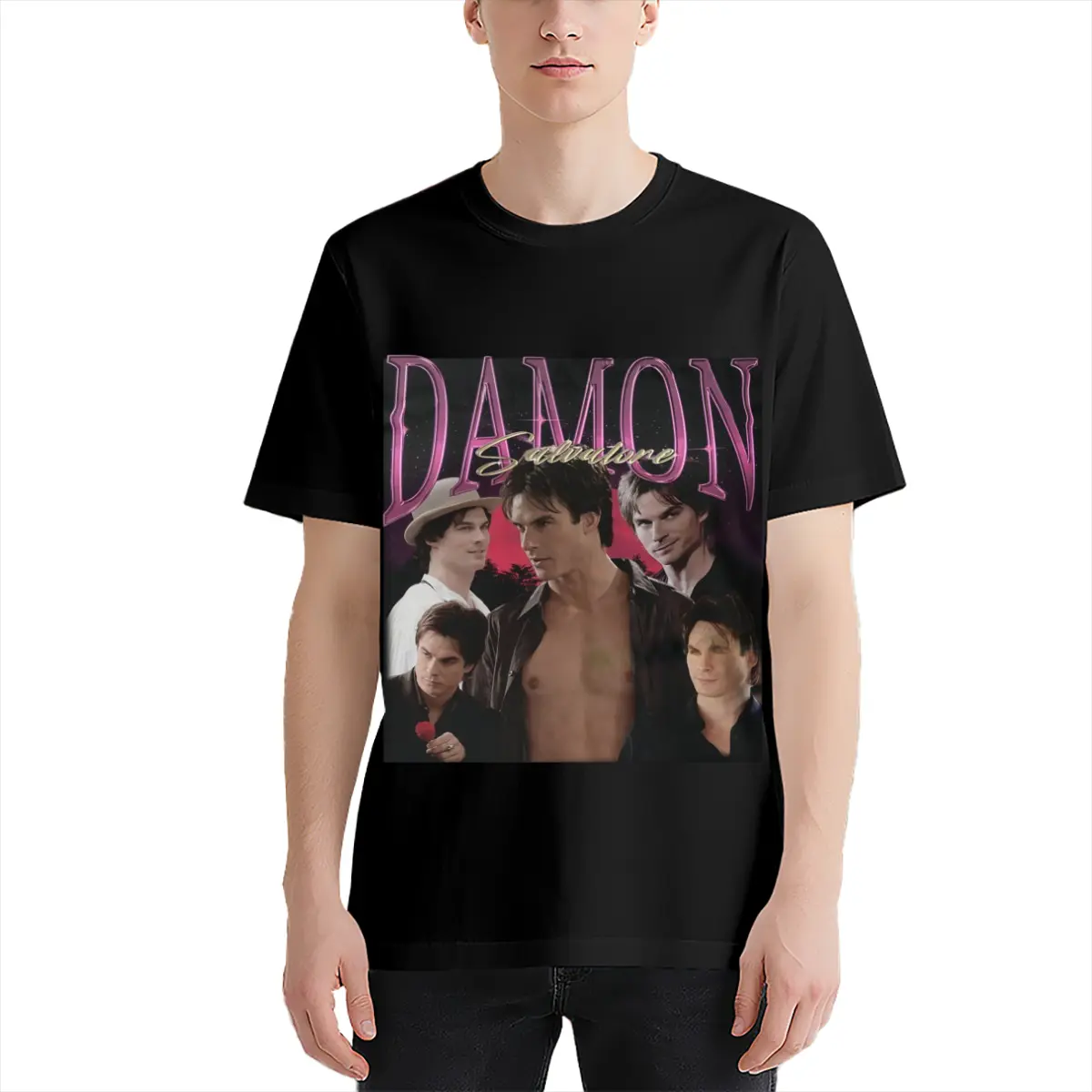 Retro Damon Salvatore Graphic T-Shirt, Vibrant Pink And Purple Printed Ian Somerhalder Themed Design Boho Style Unisex Regular Fit Black Tee, Easy-Care Wearable Top for All Seasons
