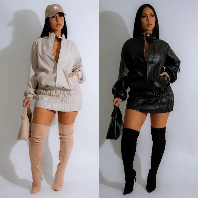 two-piece set woman Leather Jackets Dress Luxury 2 Piece Skirt Sets Winter  Outfit Y2K Women Sexy Club Mini Dress Elegant Cute Two Piece Skirt Set -  TikTok Shop