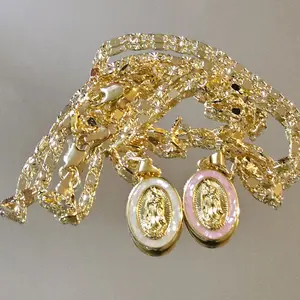 Pink & White Guadalupe Virgin 2 Pendants Necklace 2.5mm 18-Inch 3mm Diamondcut Style Chains for Adults Kids 14 Karat Gold Plated not water resistant