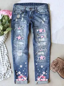Floral Patchwork Jeans, Vintage Ripped Design, Cat Whisker Detailing, Elastic Comfortable Fabric, Perfect Fit Long Denim Jeans