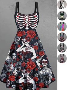 【plus size】 all over skull rose print backless dress, halloween dress, boho sleeveless a line dress for party holiday vacation, women's clothes for all seasons dark feminine halloween costumes
