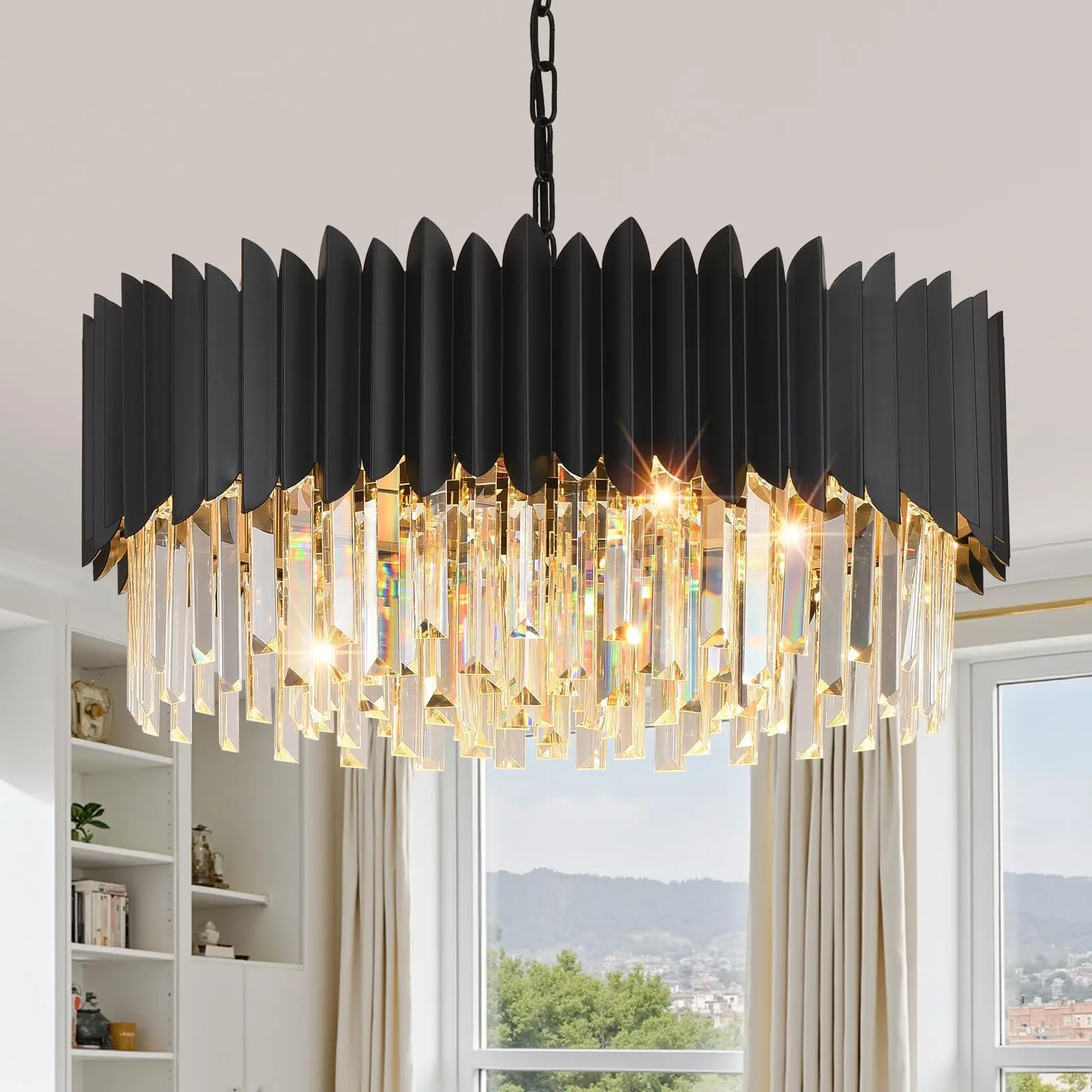Modern Black Crystal Chandelier, Round Dimmable Height-Adjustable 23.6-Inch Pendant Light, E12 Base Fixture for Living Room Dining Room Bedroom Hallway, Luxury Home Decor, Bulbs Not Included