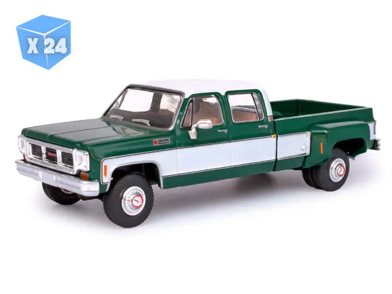 1:64 Scale 24-Pack 2-Tone Diecast Model Car - 1973 GMC Sierra Grande 3500 Crew Cab Dually, Glenwood Green & Frost White, IXO America IA64006, Classic Truck Collectible, Two-Tone