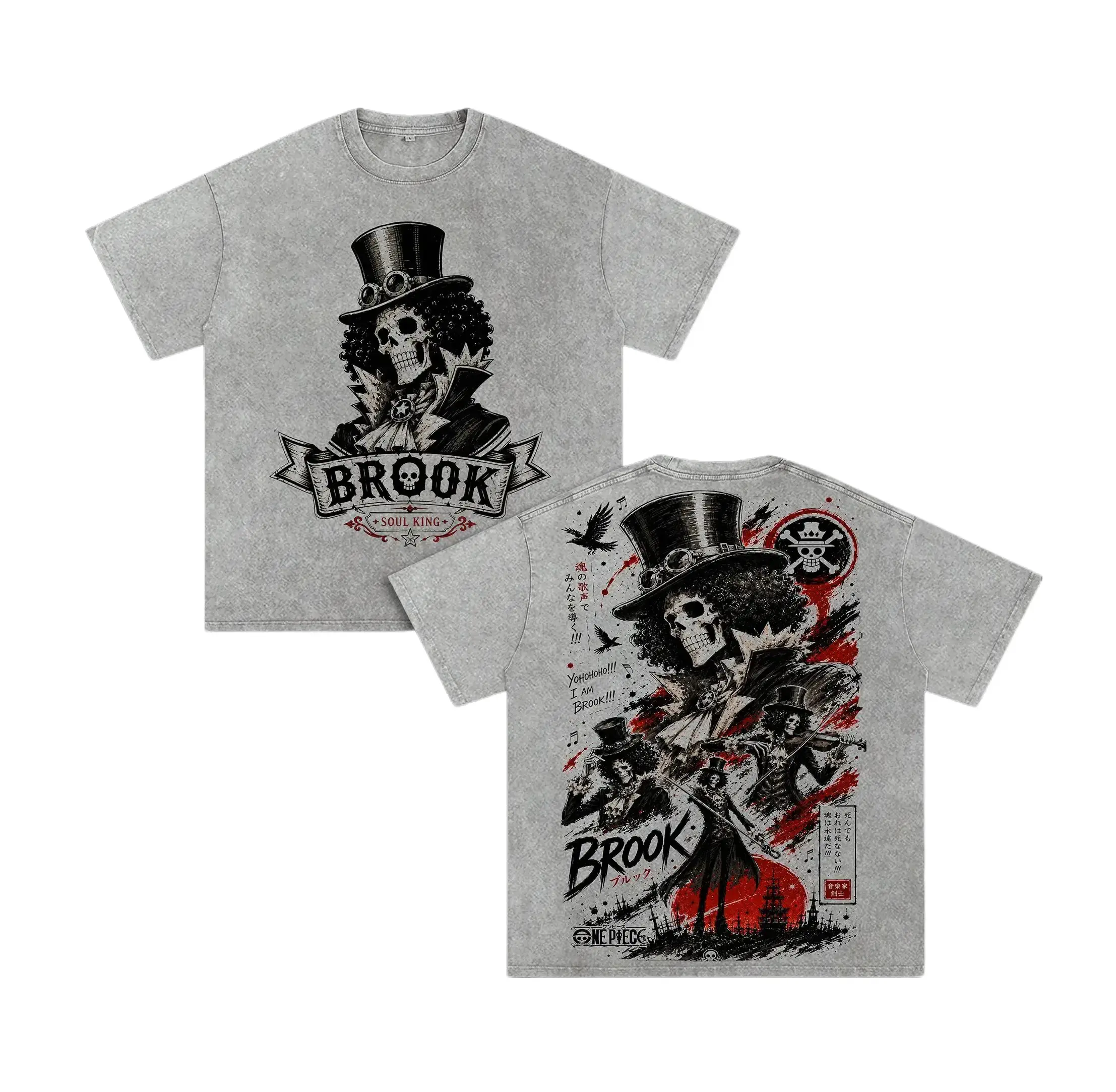 Men's Short-Sleeve Round Neck Casual T-Shirt - Limited Brook Vintage Washed Skull Graphic, Soul King Anime Heavy Cotton Streetwear for Cold Wash Care Anime Fans Black Classic Crewneck Clothes, Shortsleeve
