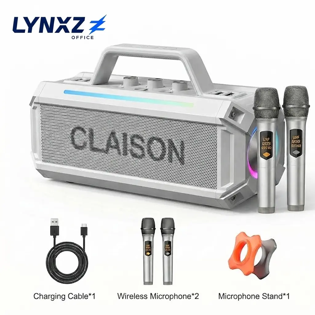 LYNXZ Office CLAISON Bluetooth Speaker with 2 Wireless Microphones, Charging Cable, and Microphone Stand for Karaoke and Party Audio Colorful