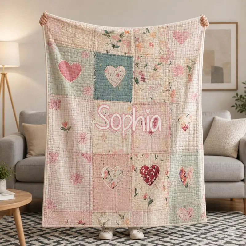 Personalized Name & Floral Heart Pattern Blanket – Pink Patchwork-Style Flannel Throw – A Soft, Cozy Gift for Children and Women