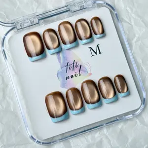 TiTinails Brown Blue French Tip Press On Nails| Short Squoval Shape| 100% Handmade 10pc Reusable Set