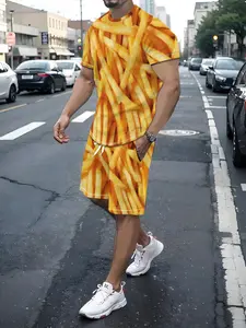 Men's Essential 3D Print Set, Slim Fit Short Sleeves, Regular Length, All-Season Wear, Ideal for Running, Gym, Daily Use