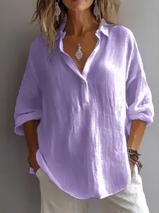 2026 Spring Summer Women's Linen V Neck Shirt, Solid Color Loose Long Sleeve Casual Blouse, Style Fashion Top