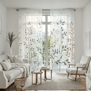 2Pcs Botanical Leaf Print Sheer Curtains, Semi-Transparent Rod Pocket Window Treatment, Modern Farmhouse Style, Light Filtering Drapes for Living Room, Bedroom, Dining, Home Decor, Durable Covering
