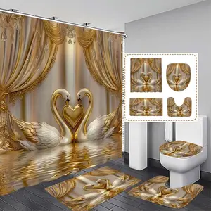 Swan Pattern Shower Curtain Set, Includes Hooks, Bath Mat, Toilet Lid Cover, U-Shaped Pad, Bathroom Shower Equipment, Ideal Gift for Family & Friends