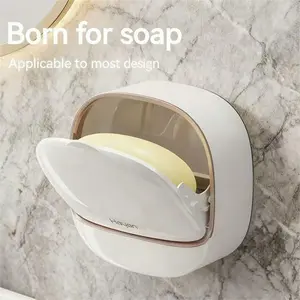 Waterproof Wall-Mounted Soap Holder with Drain & Flip Cover – Antibacterial Soap Dish Keeps Soap Dry, Clean & Organized (White)