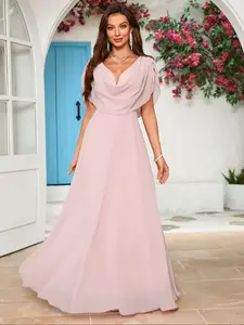 Women's Plain Cowl Neck Split Sleeve Chiffon Evening Dress, Formal Wear, Date Night Dresses, Elegant A Line Maxi Dress for Party & Banquet, Ladies Fall & Winter Clothes