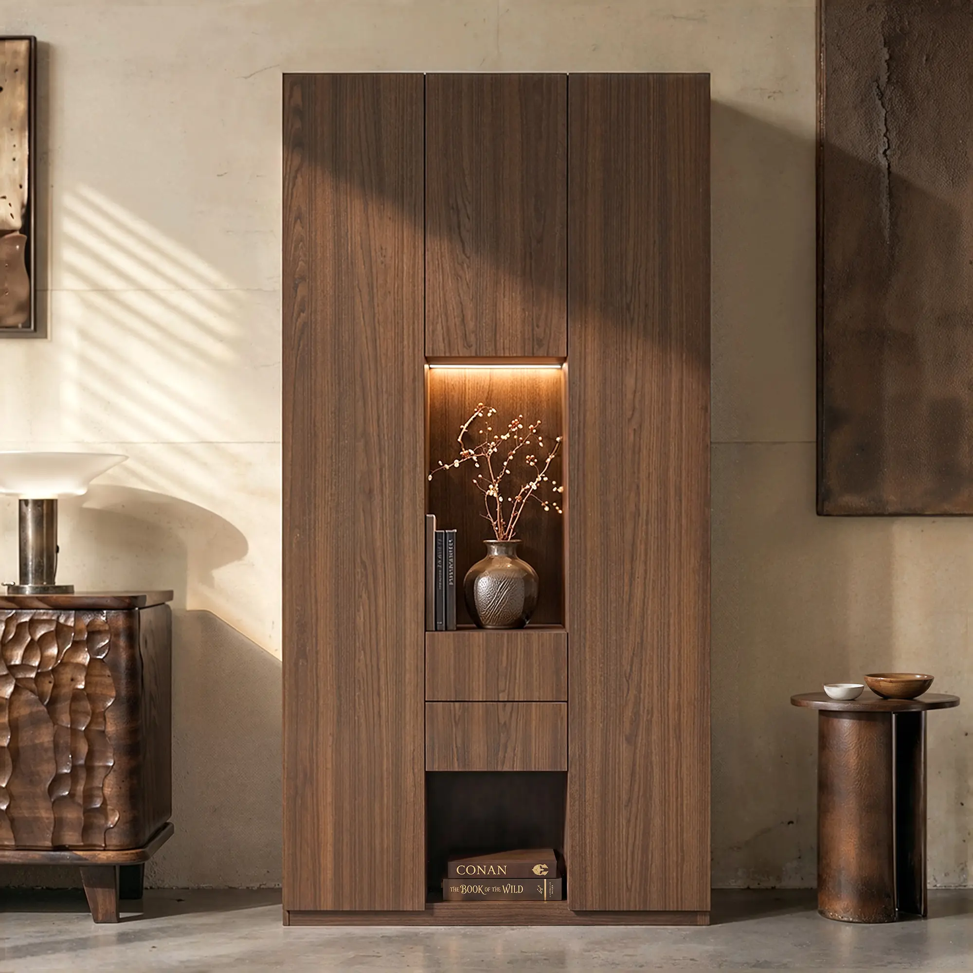 FUFU&GAGA 92.5in 3-Door Tall Display Bookcase Cabinet - Walnut Wood Freestanding Storage Armoire with Remote LED Lights, Soft Close Drawers & Adjustable Shelves