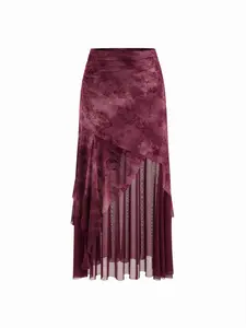 Cider Women's Bottom, Mesh Mid-Rise Floral Tie-Dye Asymmetrical Hem Tulle Maxi Skirt