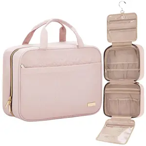 NISHEL Travel Toiletry Bag for Women Portable Hanging Organizer with Zipper 12x4.5x9 Inches Large Size Pink Cosmetics & Shampoo Storage Case